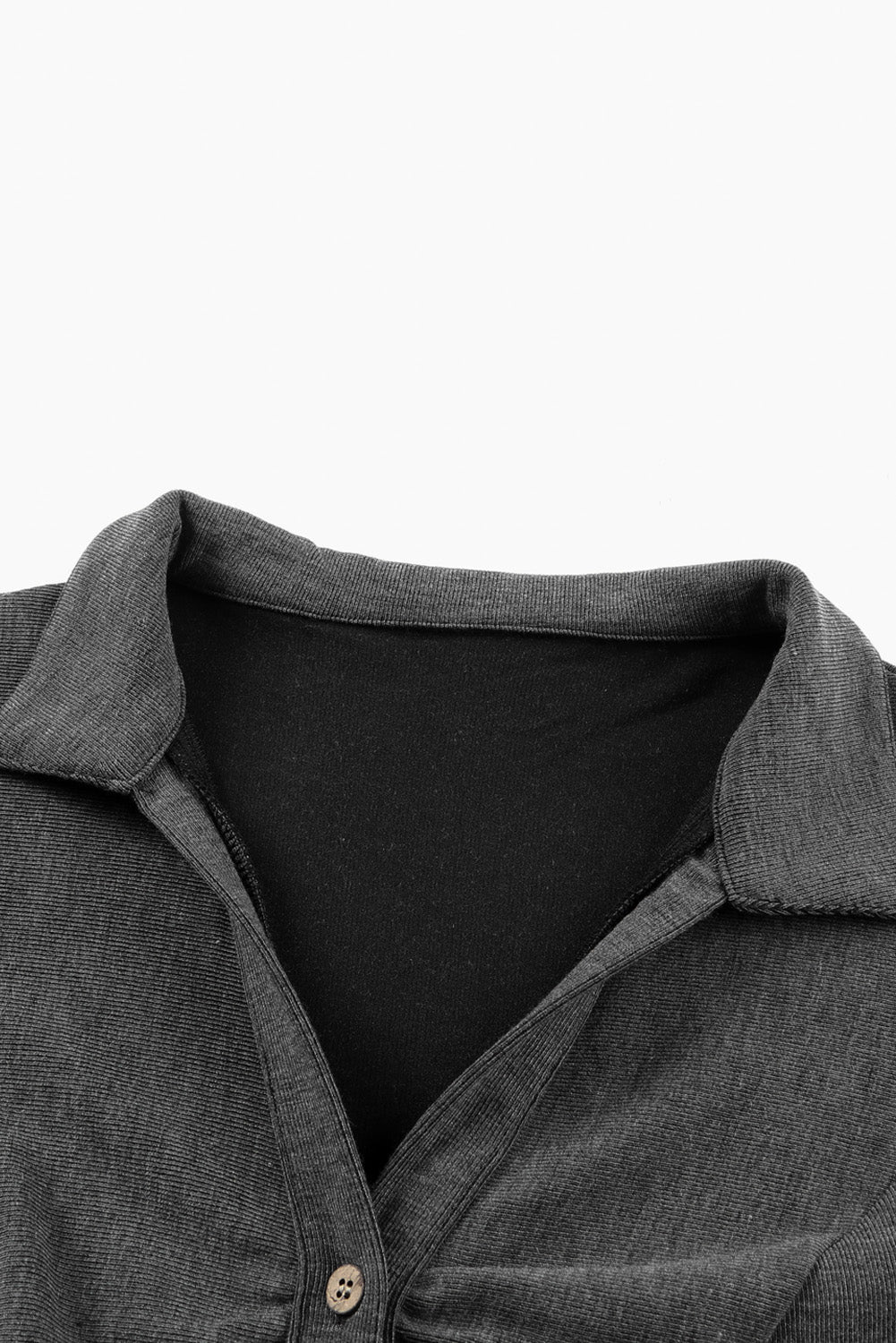 Black V Neck Buttons Ruched Long Sleeve Top