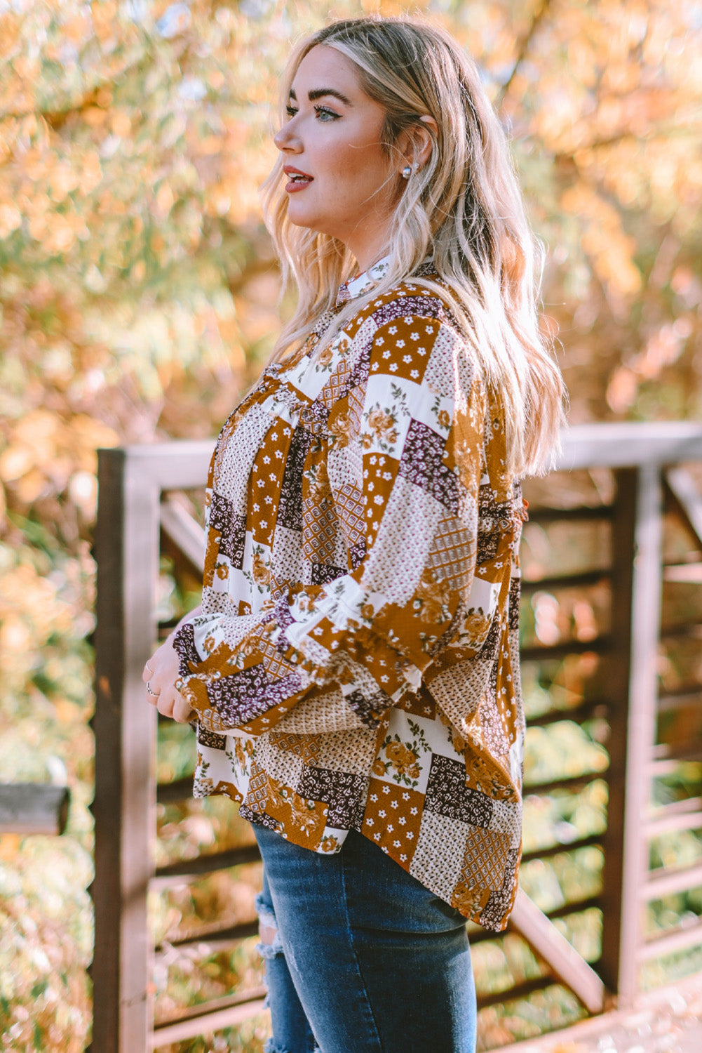 Apricot Turn-down Neck Mixed Print Plus Size Shirt