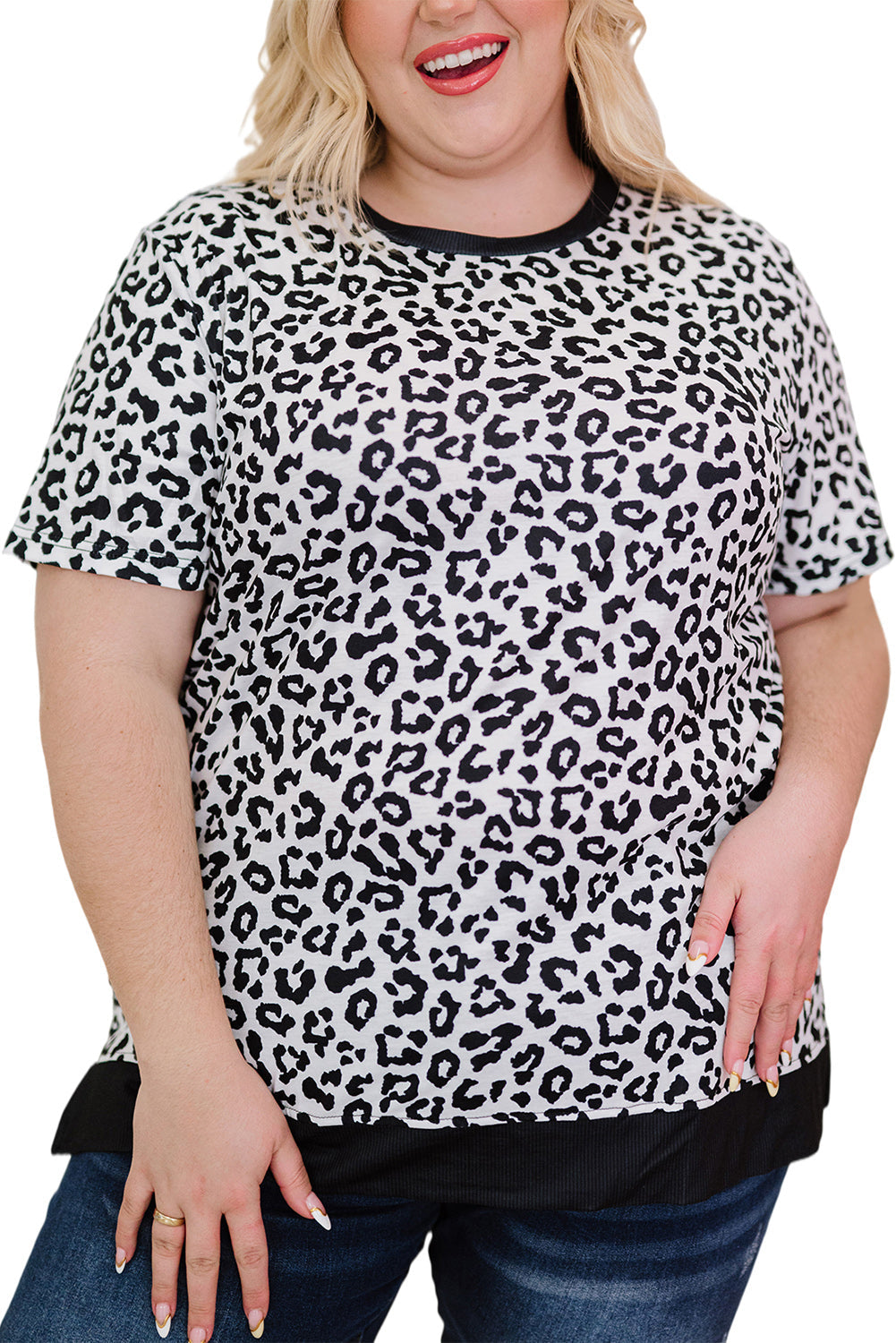 White Camouflage Print Round Neck T-shirt with Slits
