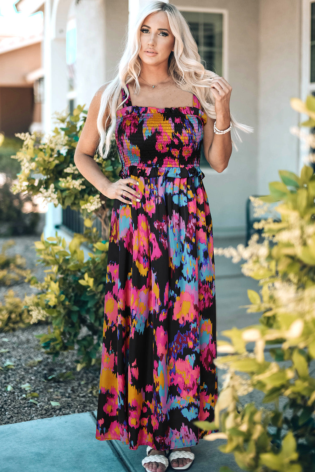 Black Smocked Tie-dye Print Midi Dress