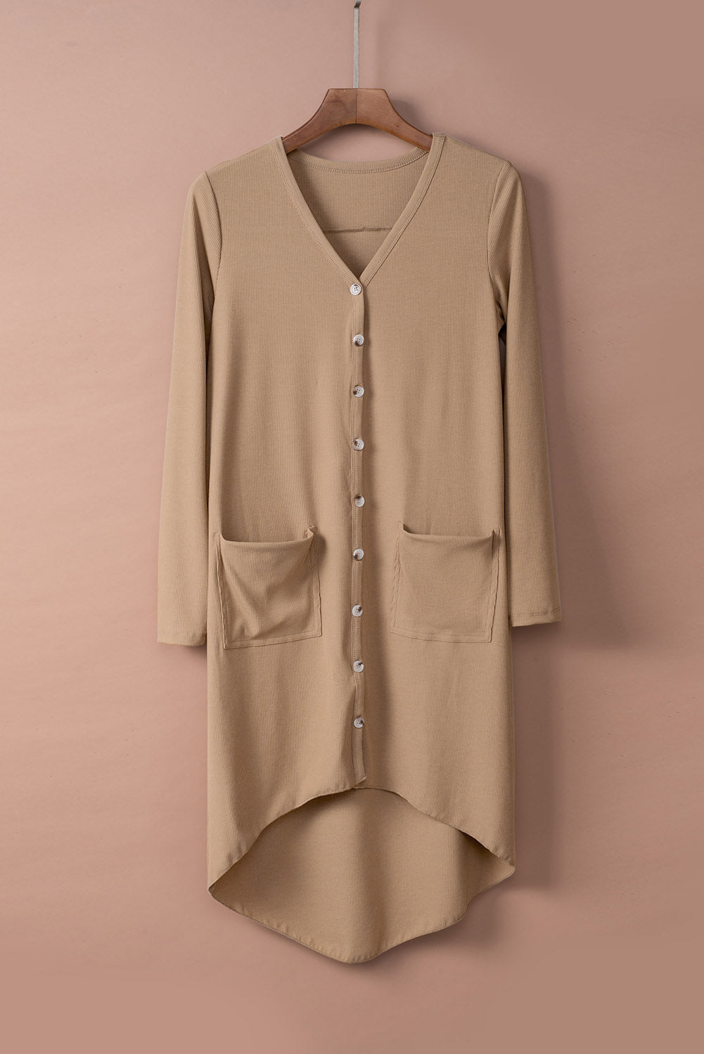 Apricot Selected Button Pocketed High Low Cardigan