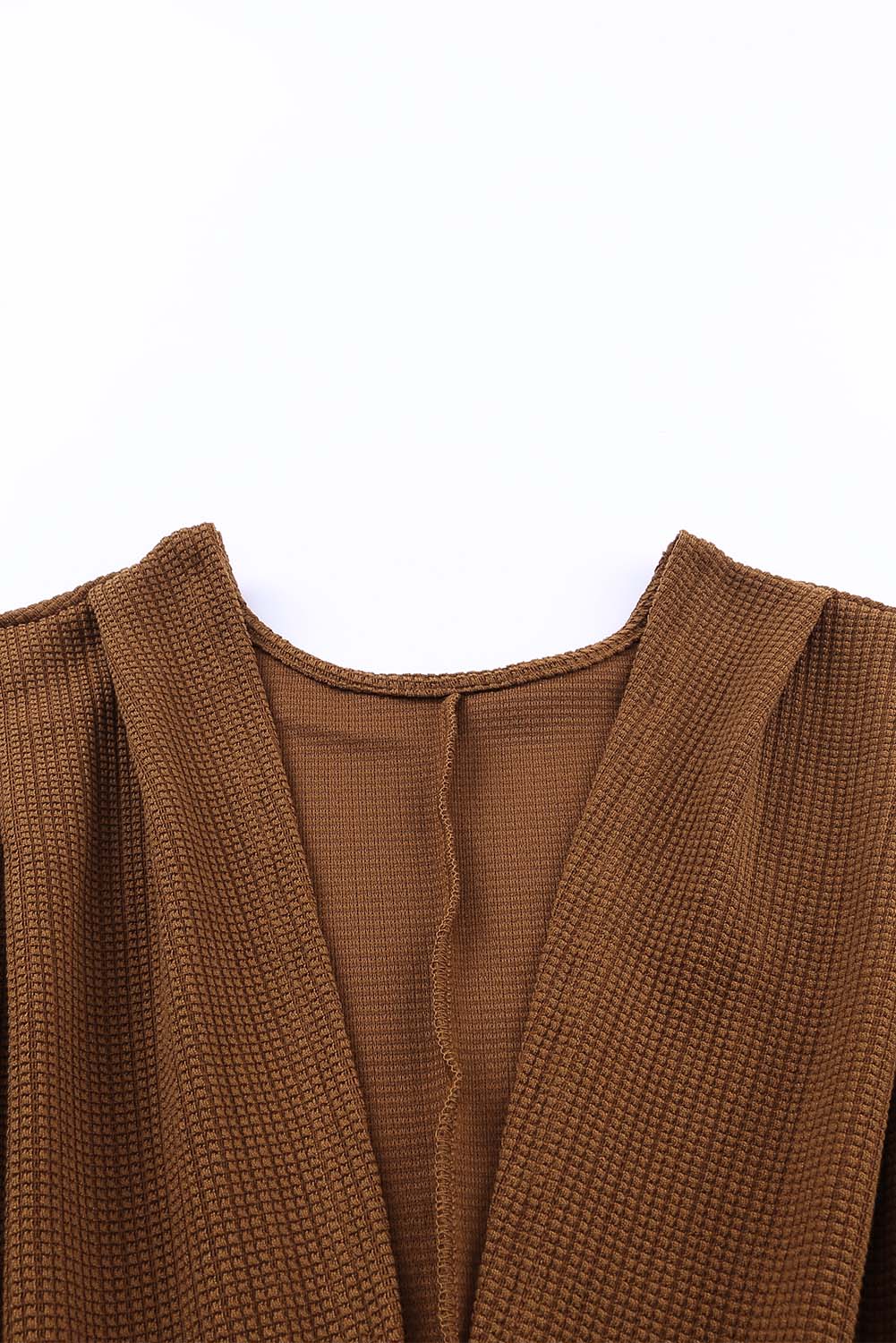 Brown Waffle Knit Open Front Rounded Hem Cardigan