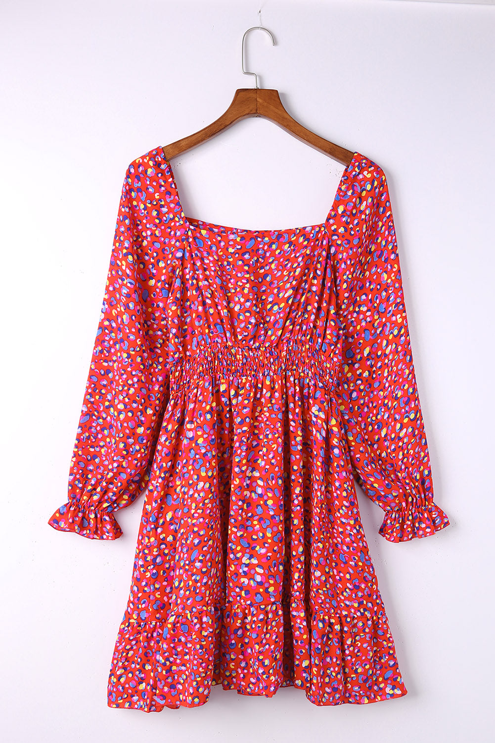 Red Square Neck Spring Floral Dress