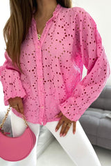 Pink Hollow Out Embroidered Floral Shirt