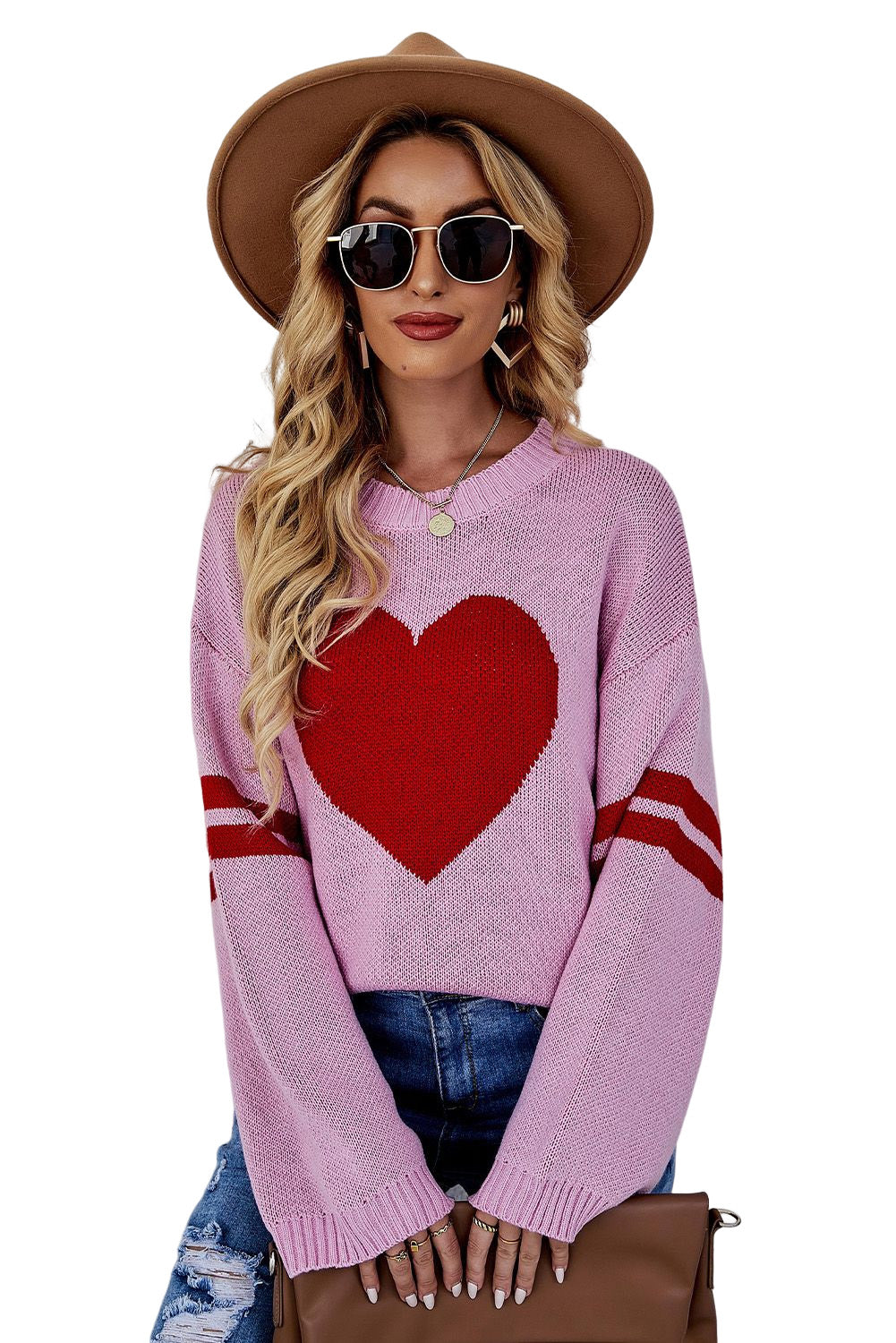 Pink Heart Graphic Wide Sleeves Sweater