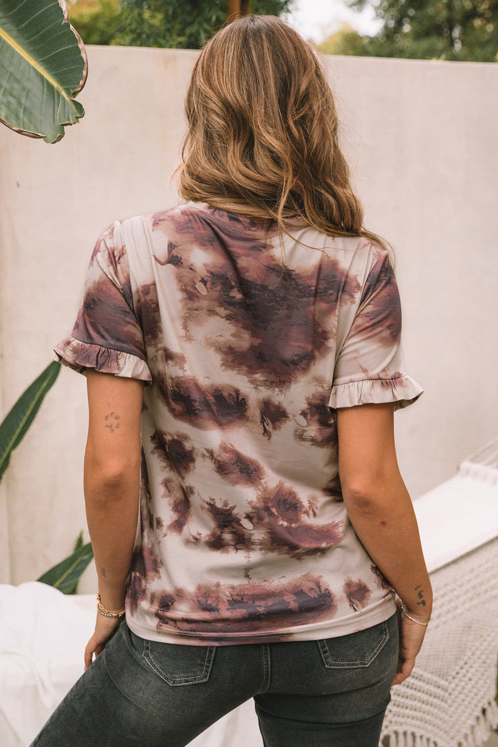 Brown Vintage Tie Dye Ruffled Sleeve T Shirt