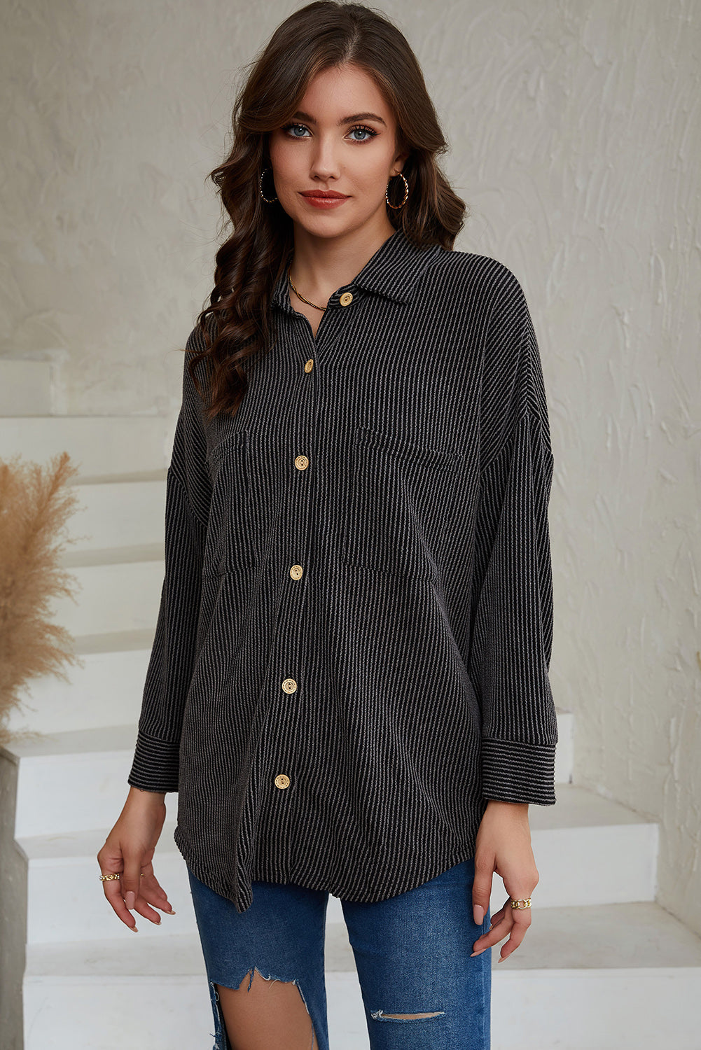 Sky Blue Roll Tab Sleeve Ribbed Cording Shacket