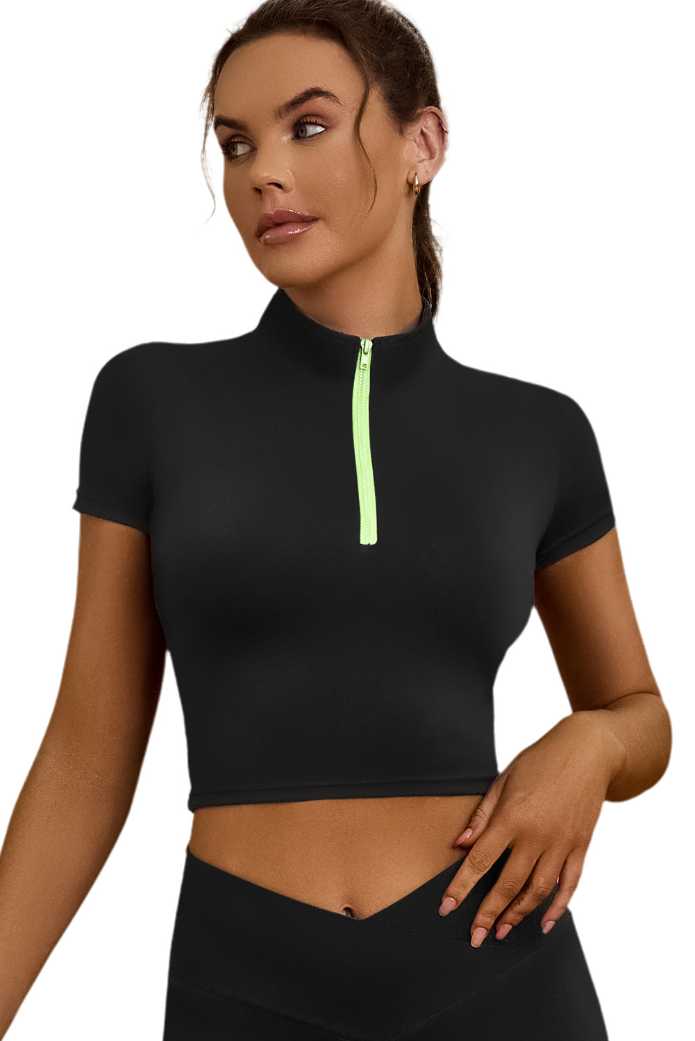 Black Half Zipper Short Sleeve Active Crop Top