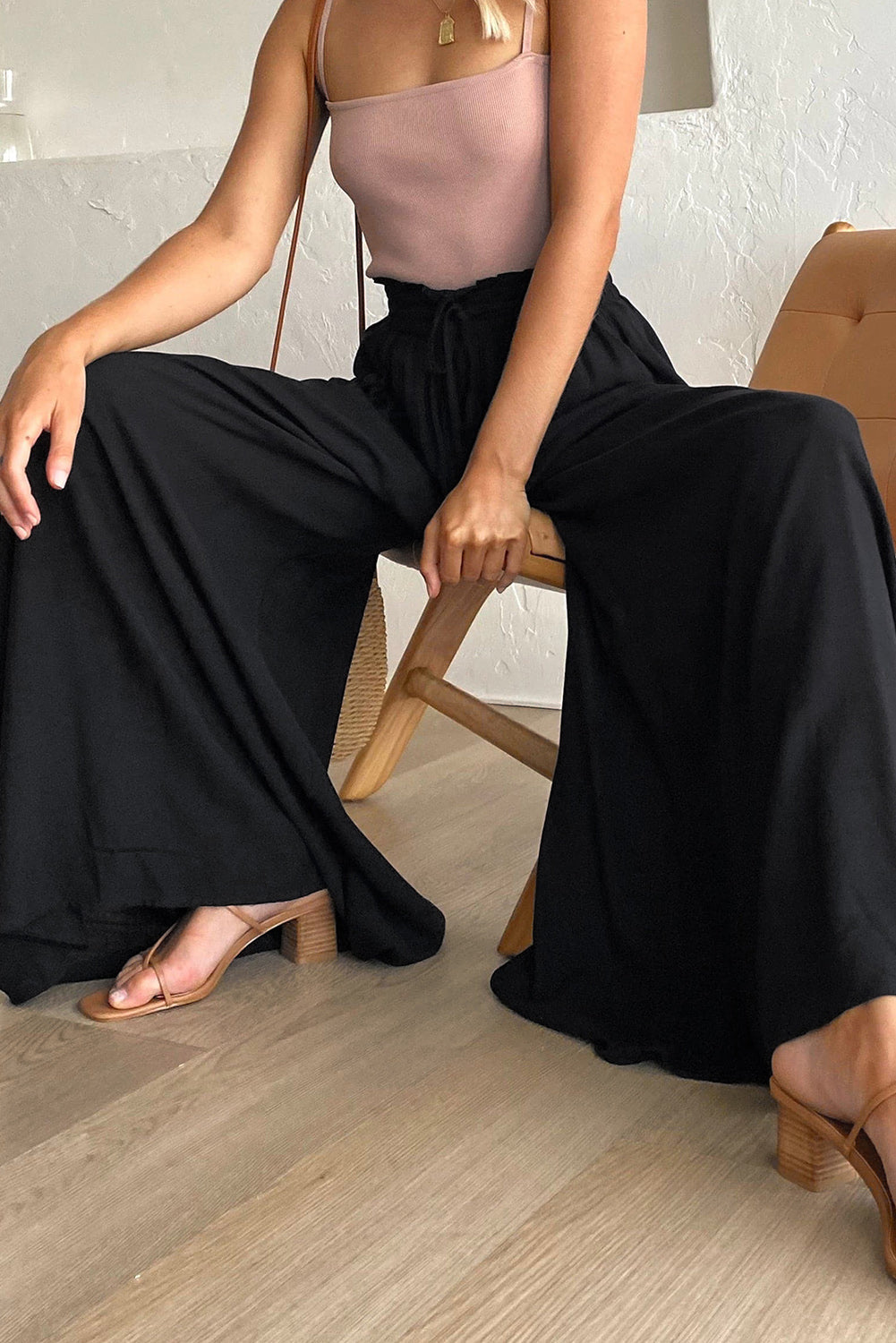 Beige Drawstring Smocked High Waist Wide Leg Pants