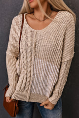 Beige V Neck Loose Knit Sweater