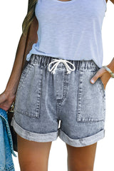 Gray Pocketed Drawstring High Waist Denim Shorts