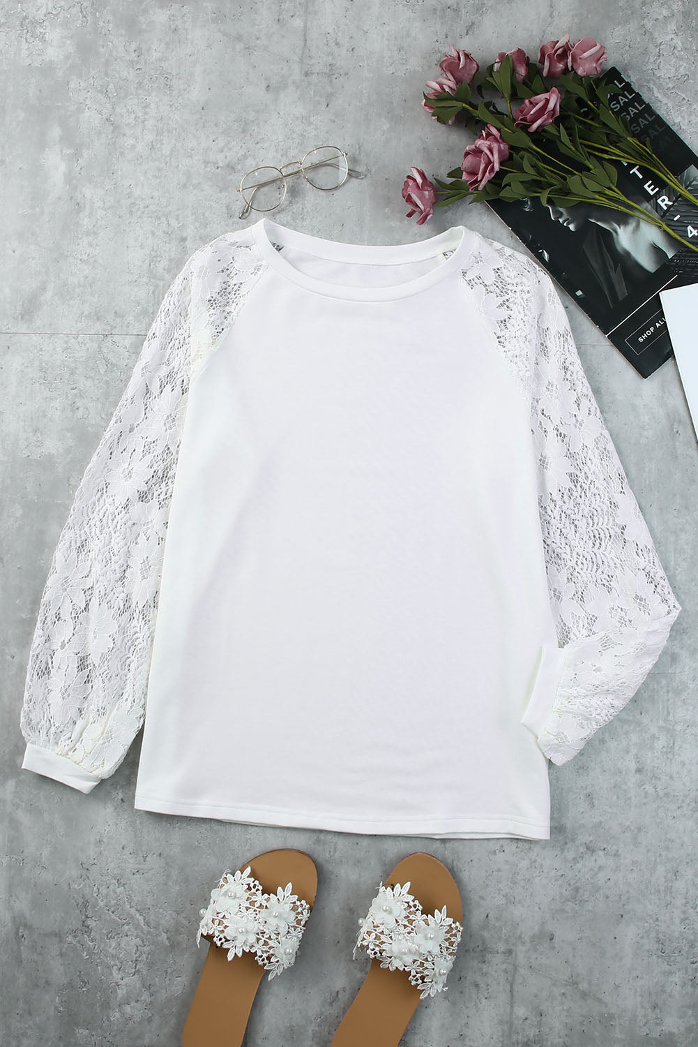 White Lace Crochet Long Sleeve Top