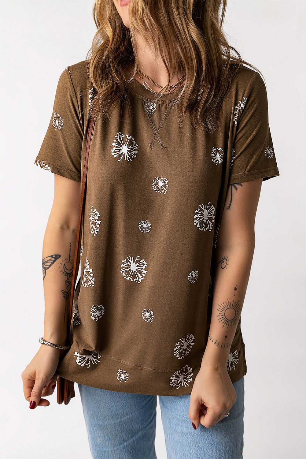 Brown Dandelion Print Crew Neck T-shirt