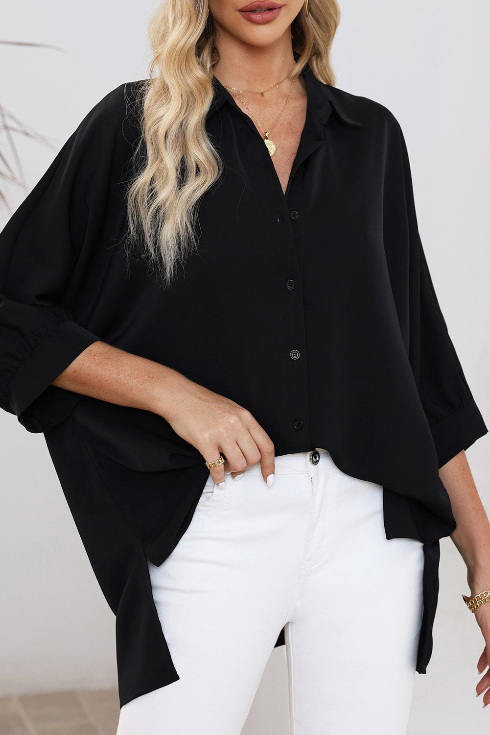 Green 3/4 Puff Sleeve Oversize Shirt