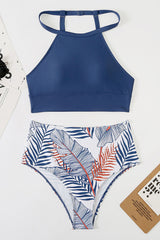 Blue Solid Strappy Halter Bikini Printed High Waist Swimsuit