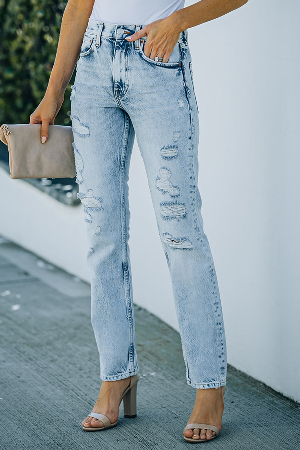 Sky Blue Light Wash Distressed Straight Jeans