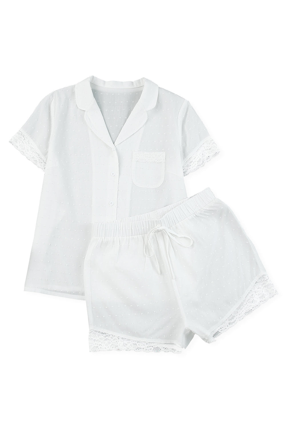 White Spot Woven Lace Splicing Short Sleeve Shirt Pajamas Set