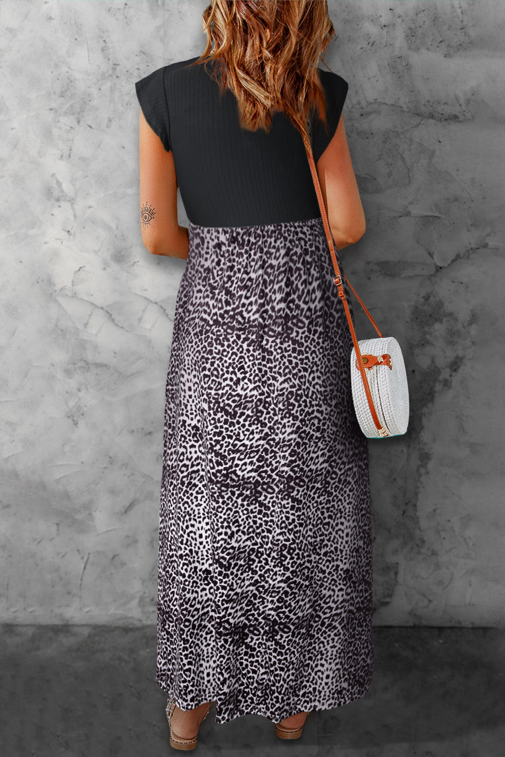 Gray Leopard Patchwork Ribbed Maxi Dress with Pockets