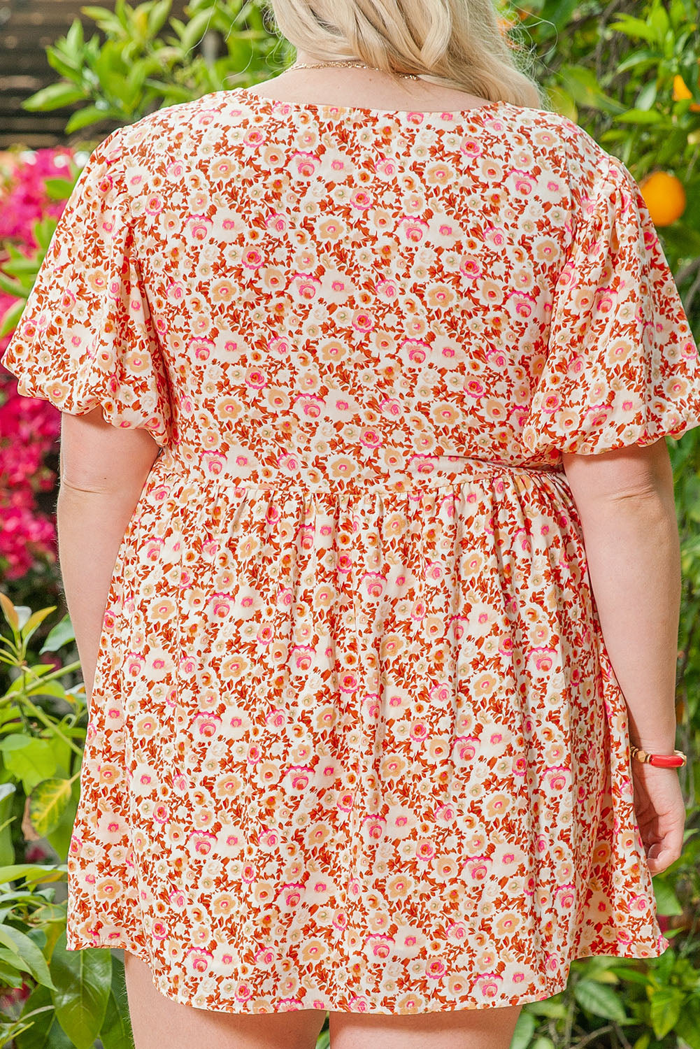 Multicolor Plus Size Floral Print Puff Sleeves Dress