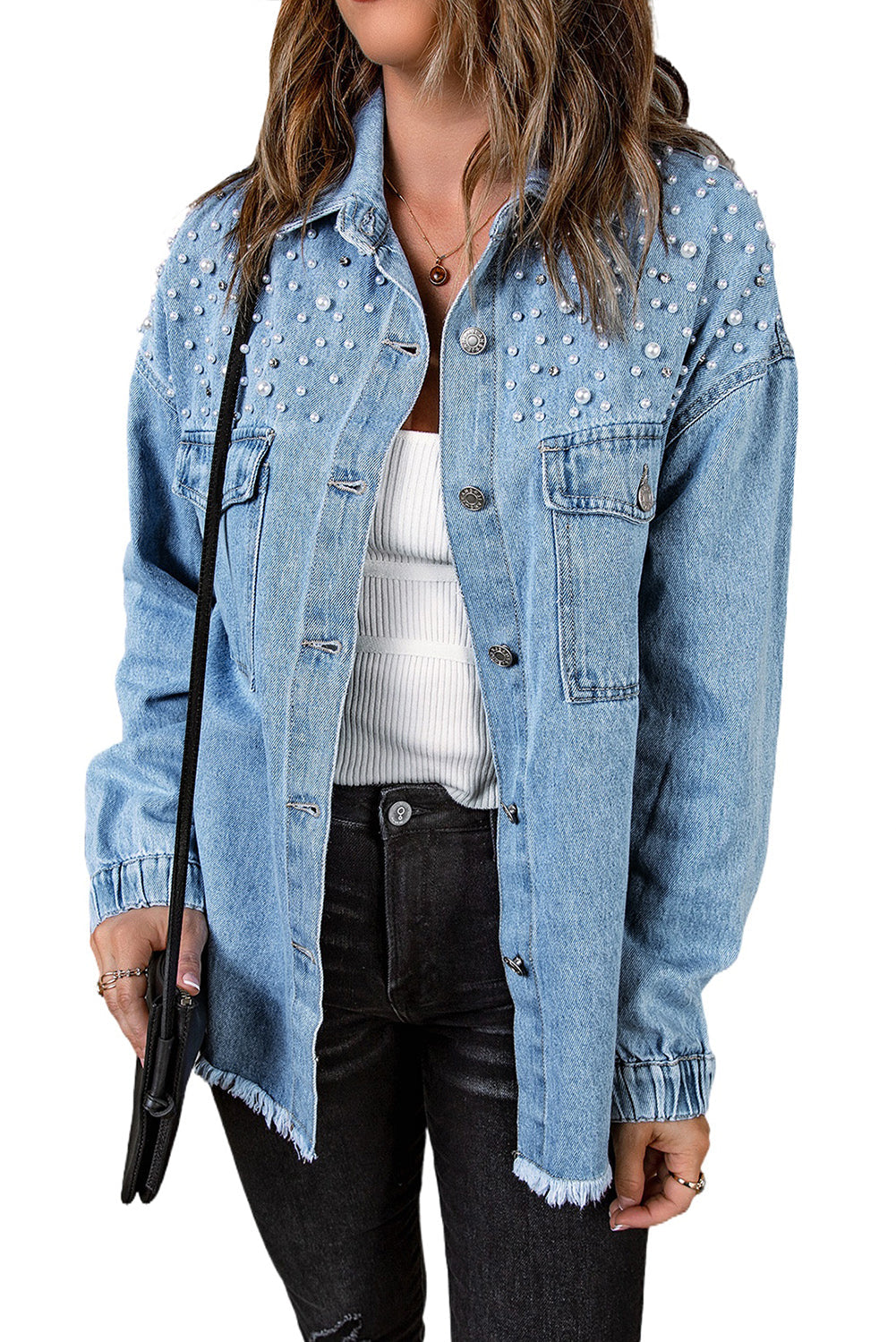 Sky Blue Rhinestone Pearls Denim Shacket