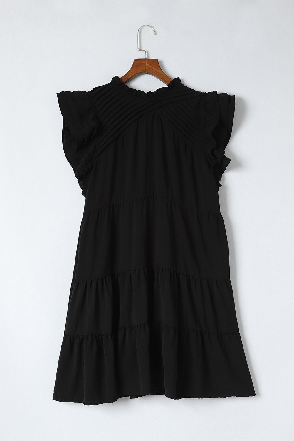 Black Ruffle Flutter Sleeve Pleated Tiered Mini Dress