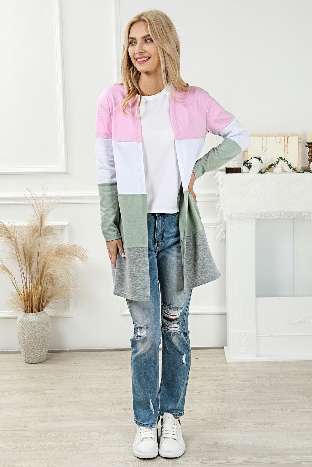 Pink Plus Size Colorblock Open Front Cardigan