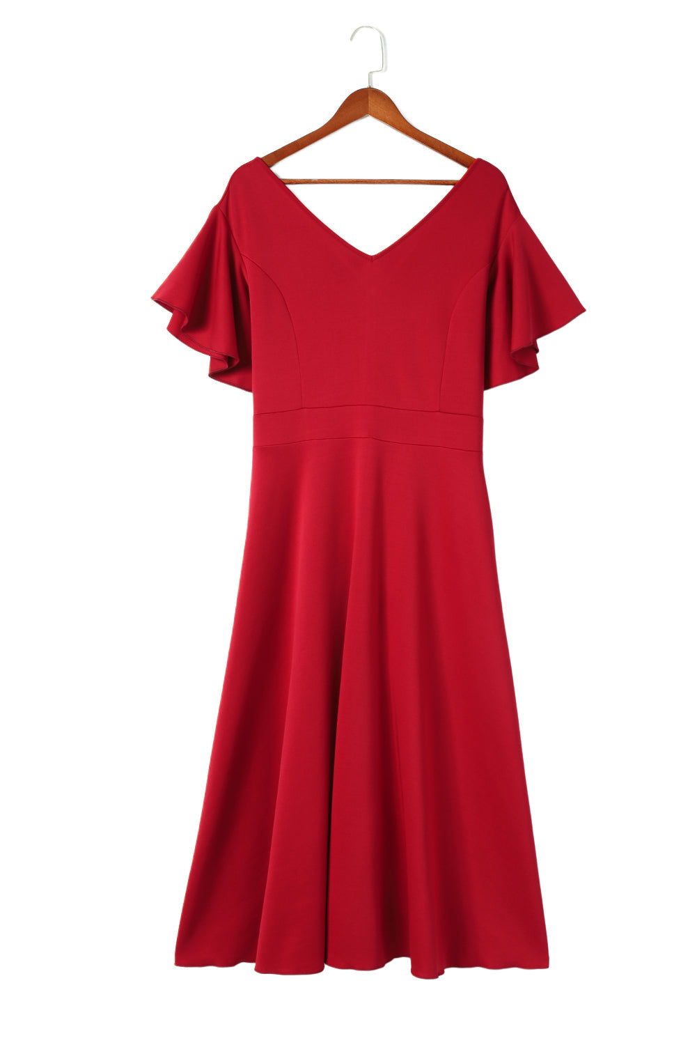 Red Plus Size Short Flutter Sleeve Midi Dress