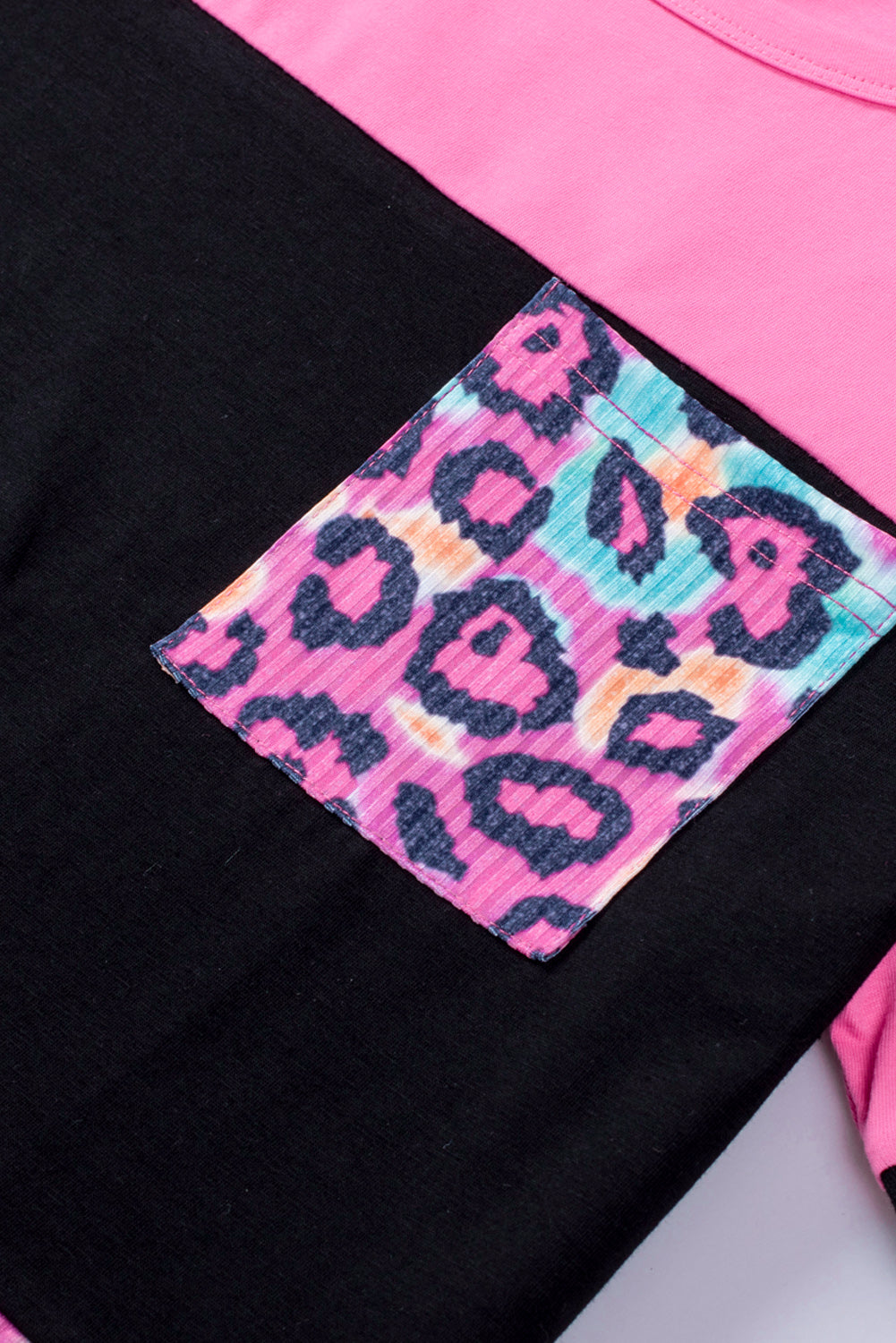 Rose Leopard Print Color Block Textured T-shirt