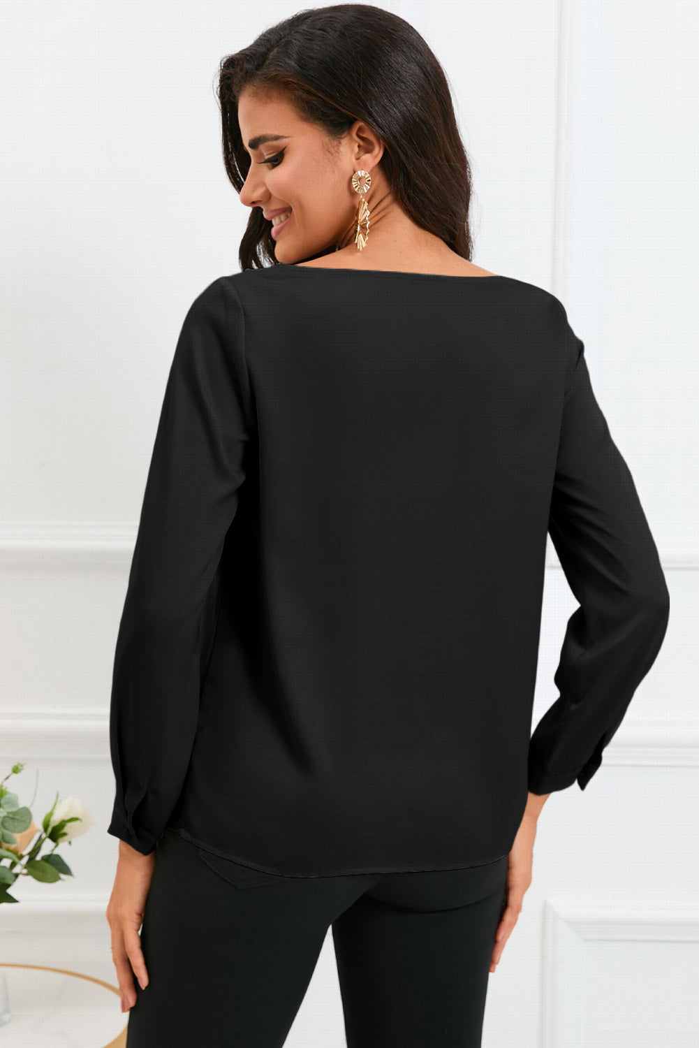 Apricot Solid Asymmetric V Neck Long Sleeve Satin Blouse