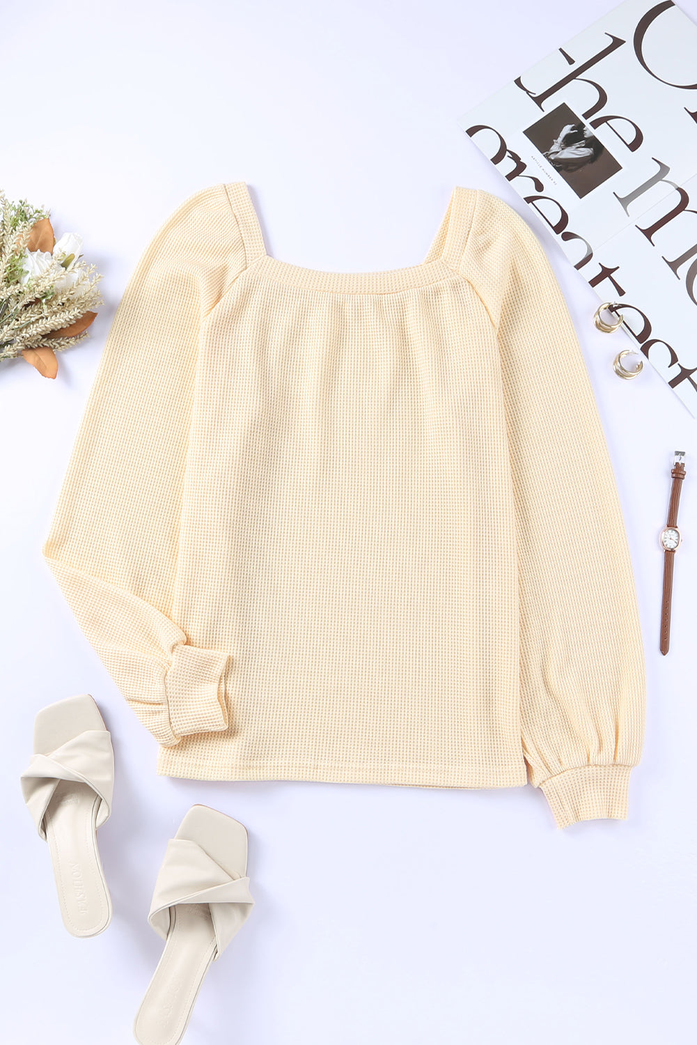 Square Neck Puff Sleeve Waffle Knit Top