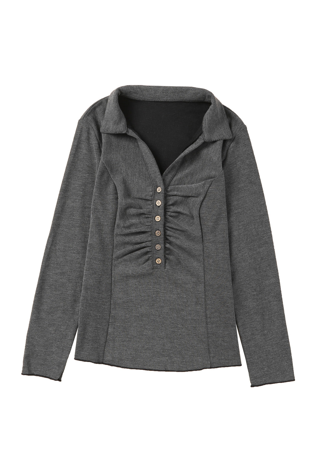 Black V Neck Buttons Ruched Long Sleeve Top