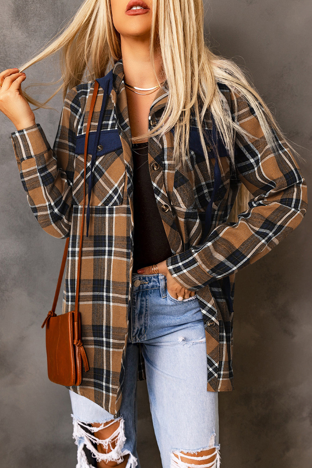 Mazarine Contrast Hooded Drawstring Plaid Shacket