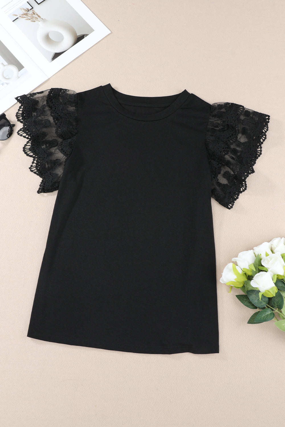 Black Lace Ruffle Sleeve Round Neck T Shirt