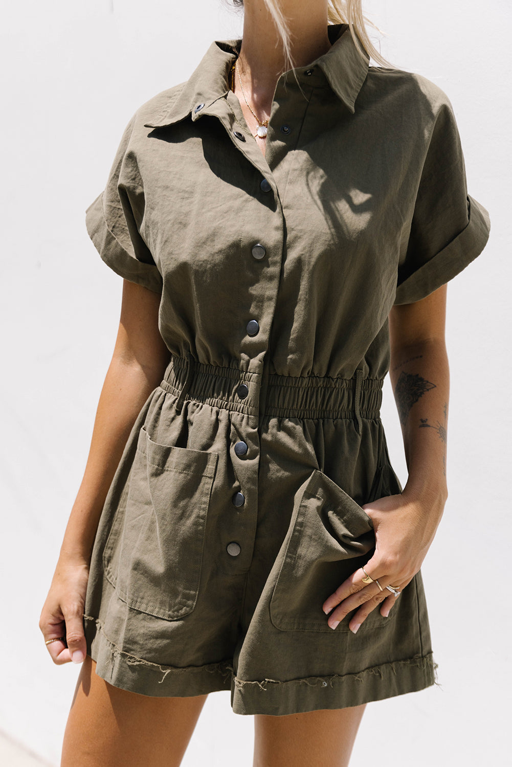 Green Buttoned Pockets High Waist Romper