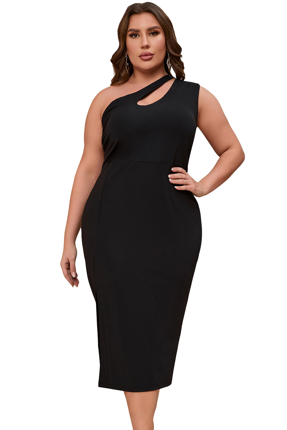 Black Cutout One Shoulder Plus Size Mid Dress