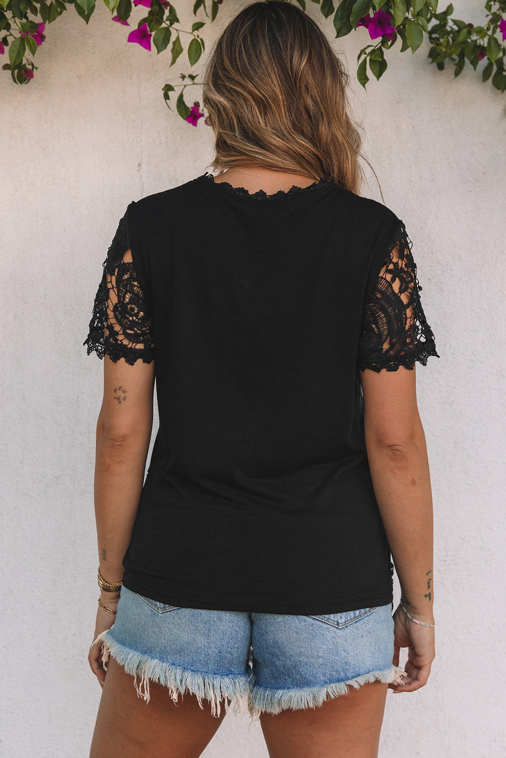 Black Lace Overlay Short Sleeve Top