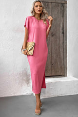 Pink Crew Neck Bat Sleeve Maxi T-shirt Dress