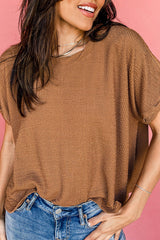 Brown Crinkle Textured Round Neck Short Sleeve Top