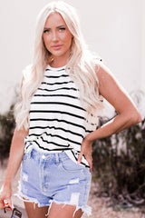 White Striped Print Shoulder Pads Boxy Tank Top