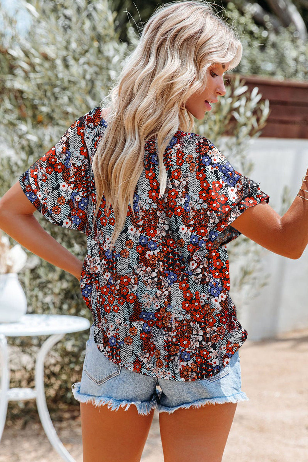 White Floral Print Drape V Neck Short Sleeve Blouse