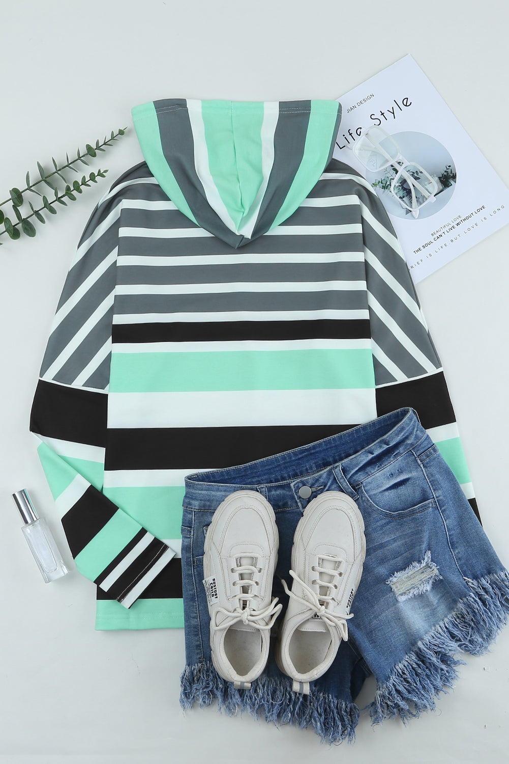 Multi Striped Drawstring Long Sleeve Hoodie