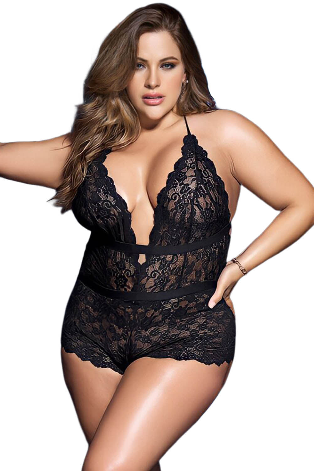 Black Plus Size Lace Scalloped Halter Neck Strappy Teddy Lingerie