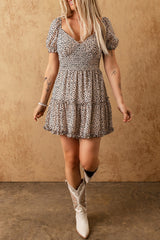 Leopard Print Shirred Ruffled V Neck Mini Dress