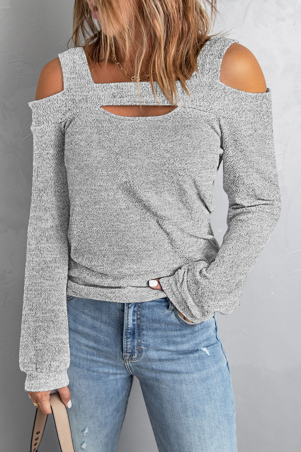 Grey Cold Shoulder Hollow-out Bust Knit Top