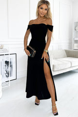 Black Thigh High Split Sheath Off Shoulder Evening Dress