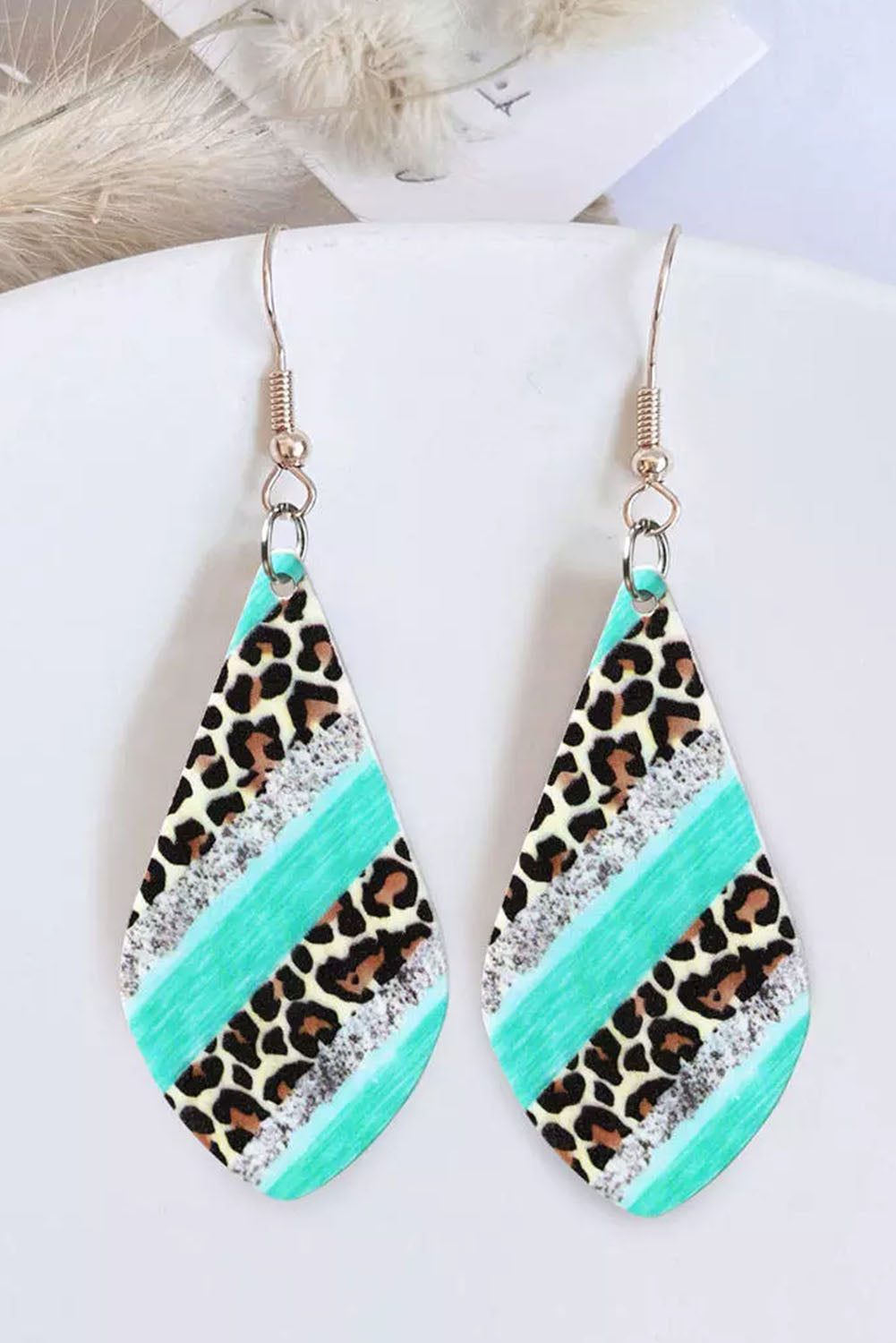 Sky Blue Leopard Color Block Glitter Water Drop Earrings