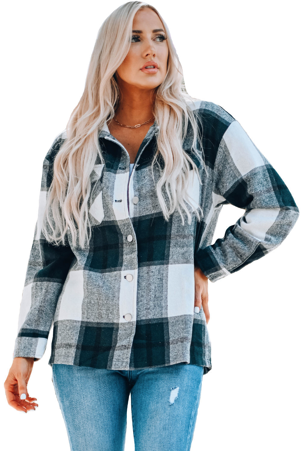 Khaki Plaid Print Buttoned Shirt Coat with Pocket