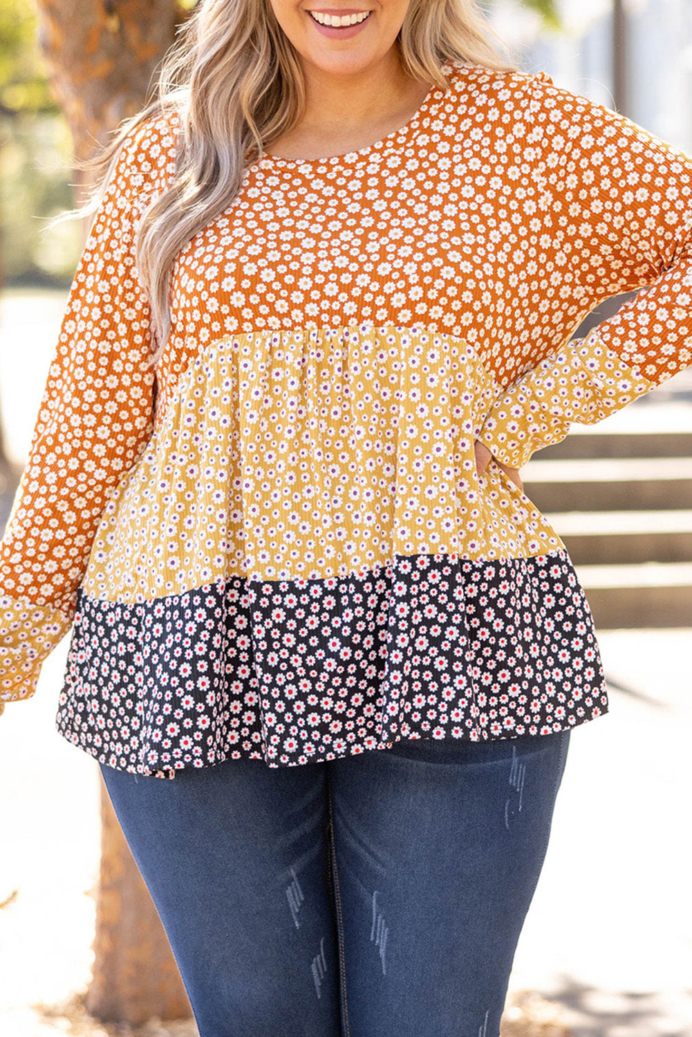 Orange Plus Size Colorblock Blooming Daisy Long Sleeve Flowy Top