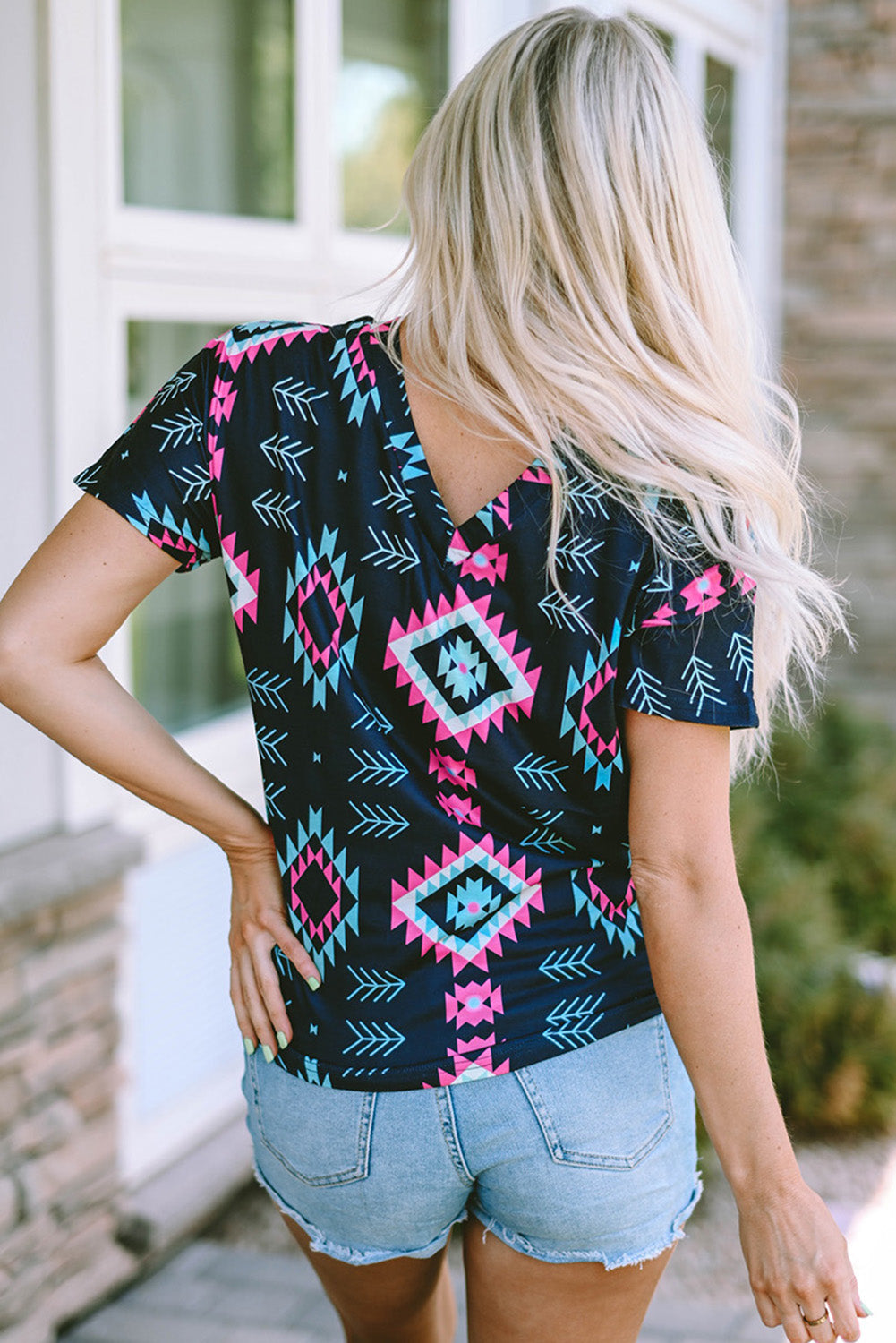 Black Western Fashion Aztec Print Crisscross V Neck Top