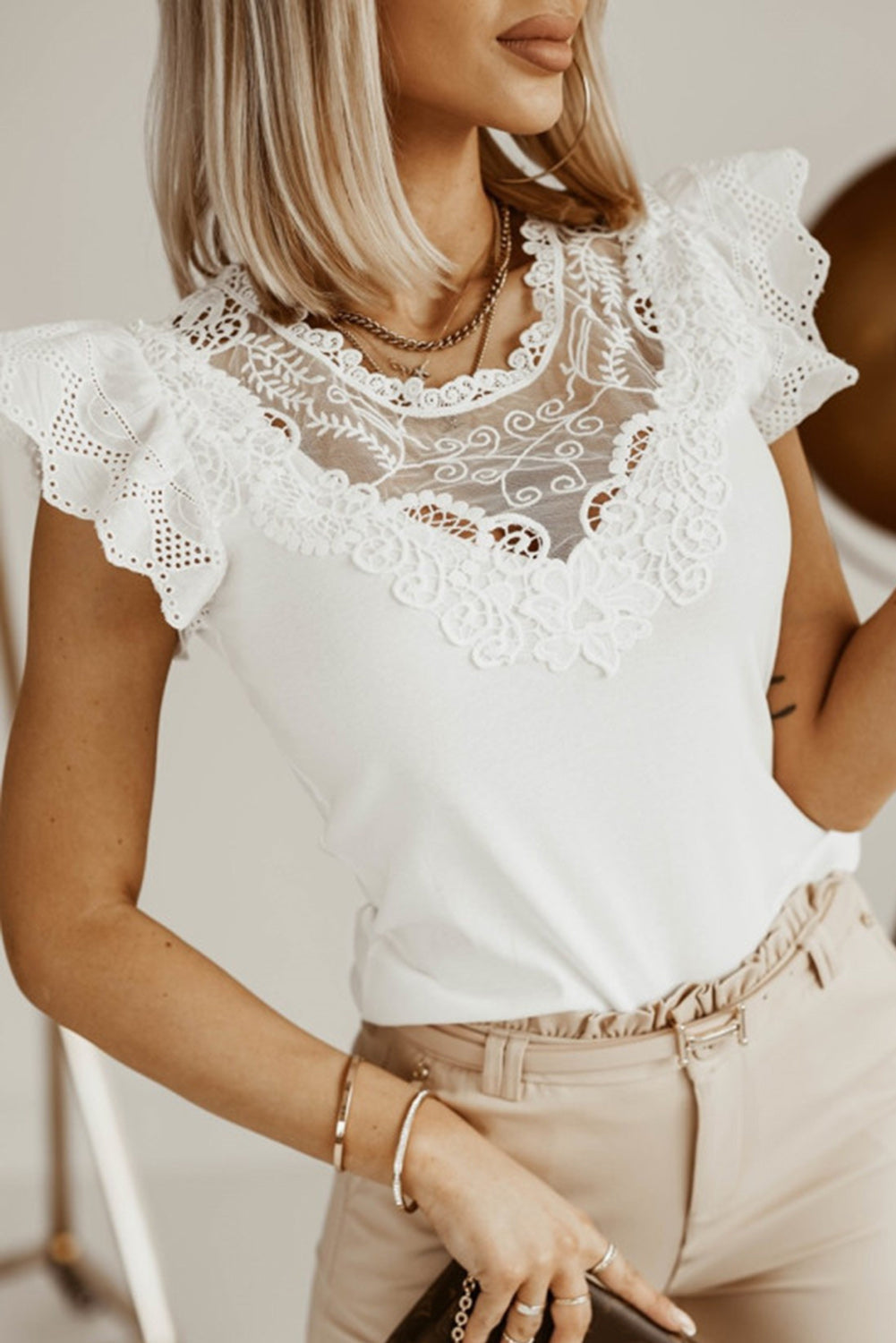 White Lace Splice Ruffle Eyelet Flutter Sleeve Top